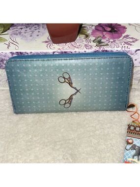 Mlaui Vegan Leather Wallet Blue Tones Polka Sewing Machine & Scissors Print